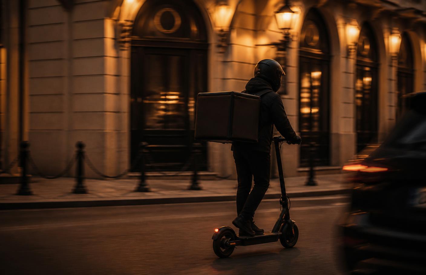 A courier delivering an order at dusk on a city street