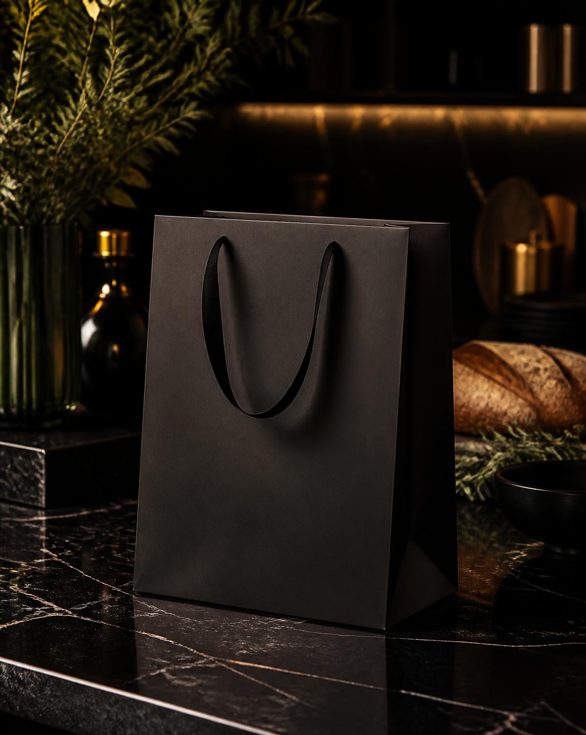 A matte black Bag N Pack shopping bag on dark marble surrounded by fresh groceries
